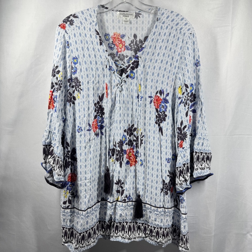 John Paul Richard Blouse Womens 2XL Blue‎ Boho Floral Tassel Peasant Top Rayon
